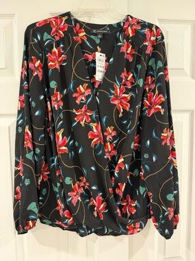 INC International Concepts Black Floral Wrap-Front Blouse